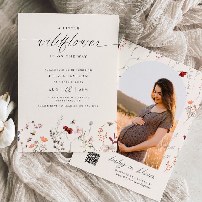 Wildblume Boho Babydusche Grüne Einladung (Boho A little Wildlflower Baby Shower Invitation with photo on back)