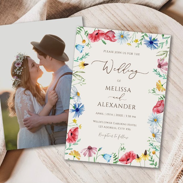 Wildblume boho beige Foto Hochzeit Einladung (Von Creator hochgeladen)