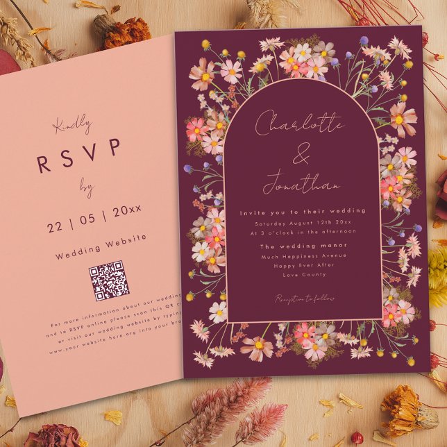 Wildblume Boho Chic Arch Burgundy Hochzeit im Herb Einladung (Elegant wildflower arch burgundy terracotta burnt orange peach fall wedding invitation )