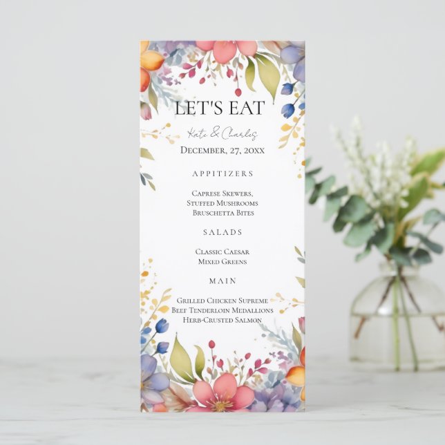 Wildblume boho Chic Blumenstrauß Hochzeitsmenü Menükarte (Stehend Vorderseite)