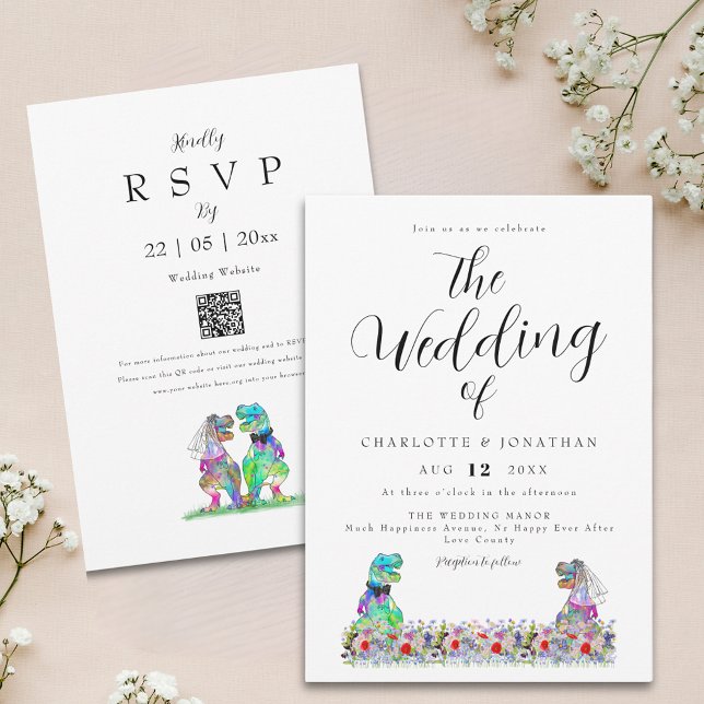 Wildblume Boho Dinosaur Theme Wedding Einladung (Boho wildflower dinosaur wedding invitation with qr code)
