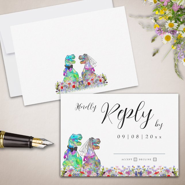 Wildblume Boho Dinosaur Wedding Reply RSVP Karte (Wildflower Dinosaur theme wedding invitation rsvp enclosure card)
