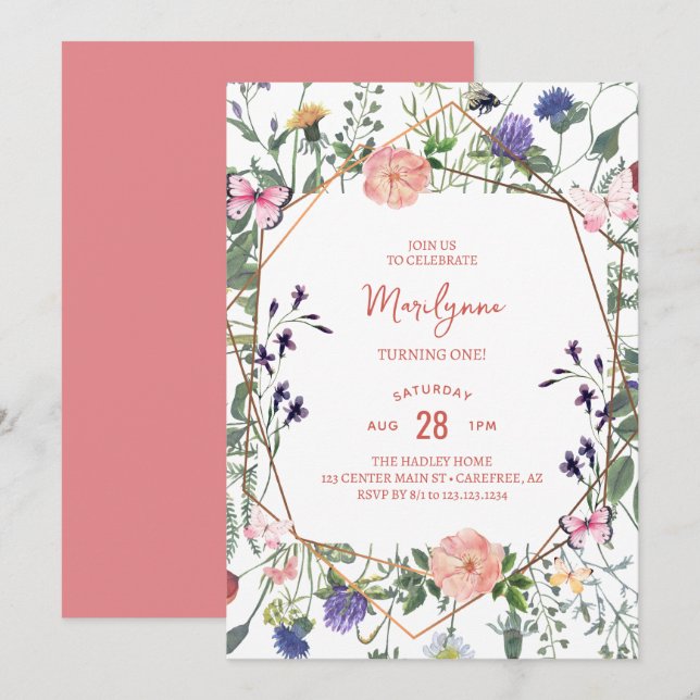 Wildblume Boho Einladung zum 1. Geburtstag (Vorne/Hinten)