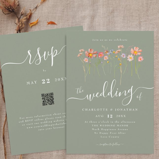 Wildblume Boho Fall Sage Green QR-Code Hochzeit Einladung (Wildflower floral sage green Wedding qr code invitation Watercolor meadow flowers elegant script)