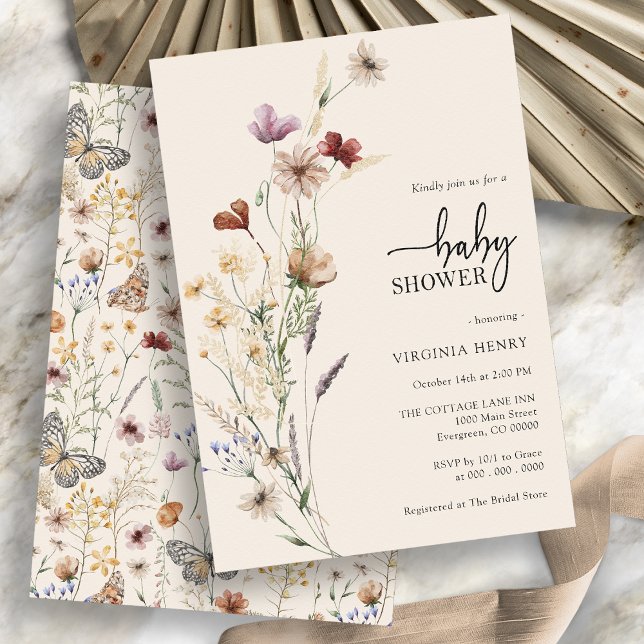 Wildblume Boho Floral Baby Dusche Einladung (Boho Floral Wildflower Baby Shower Invitation with whimsical pattern on the back by Painted Paperie
)