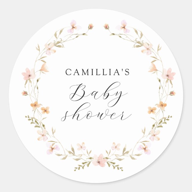 Wildblume Boho Floral Baby Dusche Runder Aufkleber (Vorderseite)