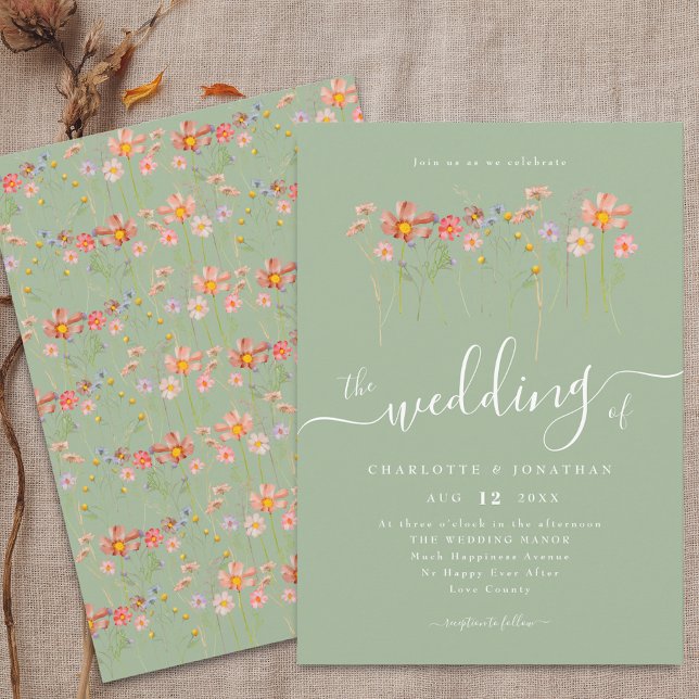 Wildblume Boho Floral Fall Sage Green Einladung (Wildflower floral sage green Wedding invitation Watercolor meadow flowers elegant modern script)