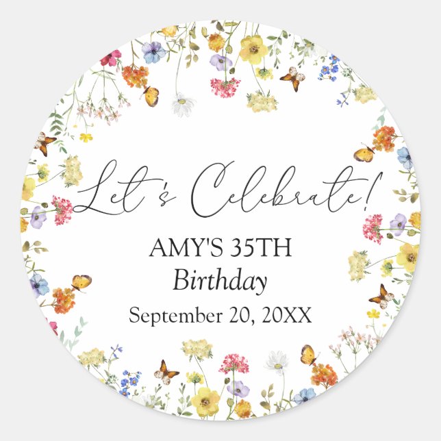 Wildblume Boho Floral Let's Celebrate Birthday Runder Aufkleber (Vorderseite)