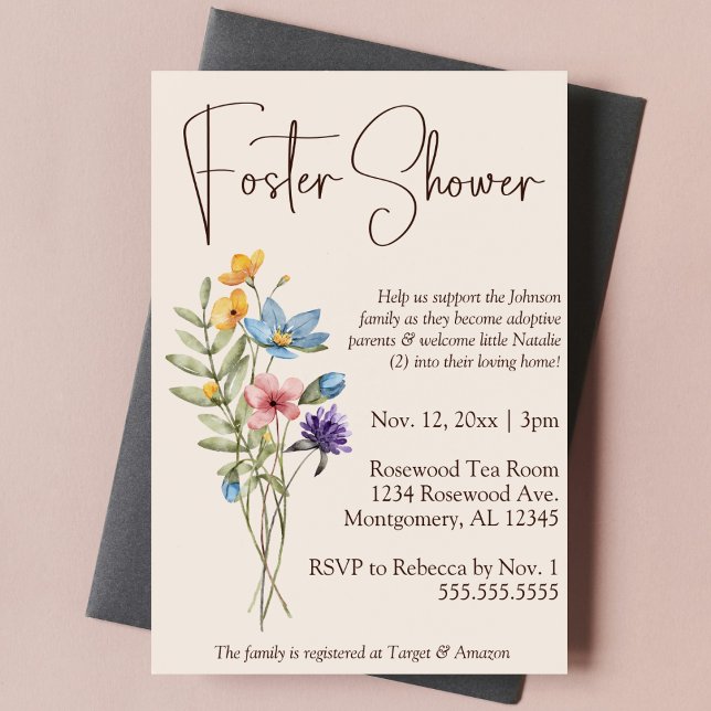 Wildblume Boho Foster Care Baby-/Kinderdusche Einladung (Wildflower botanical nature foster care baby child shower invitation simple boho floral script type)
