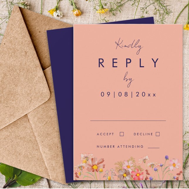 Wildblume Boho Navy Peach Hochzeit im Herbst Antwo RSVP Karte (Wildflower boho navy blue peach terracotta fall wedding invitation reply enclosure card)