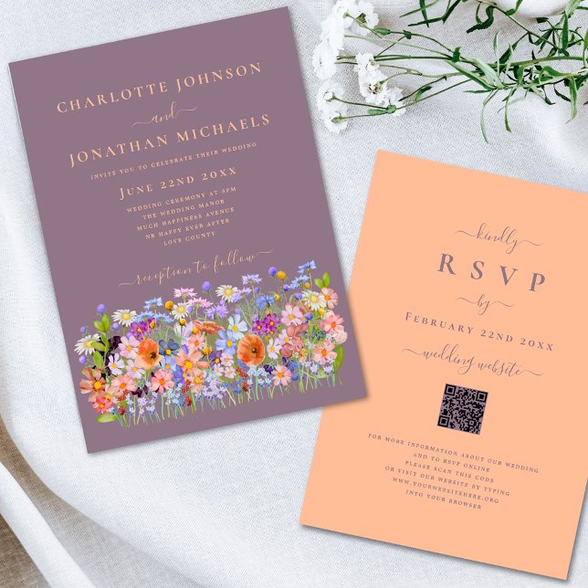 Wildblume Boho Peach Einladung (Boho chic wildflower watercolor floral wedding invitation peach fuzz typography calligraphy )