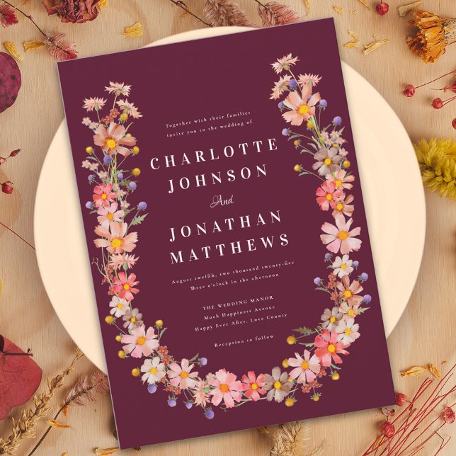 Wildblume Boho Romantic Burgund Hochzeit im Herbst Einladung (wildflower romantic burgundy fall wedding invitation burnt Orange terracotta dried flower wreath)