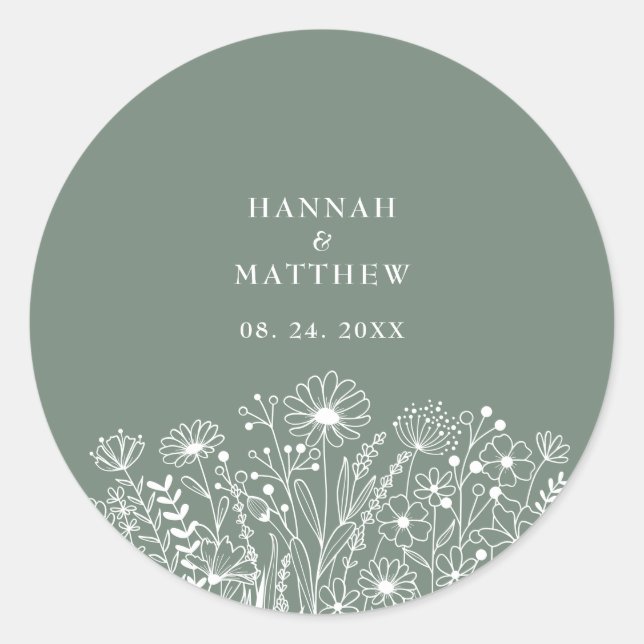 Wildblume Boho Sage Green Wedding Runder Aufkleber (Vorderseite)