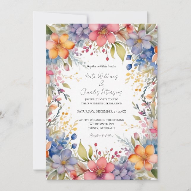 Wildblume Boho schicke Blumenkranz Hochzeit einlad Einladung (Vorderseite)