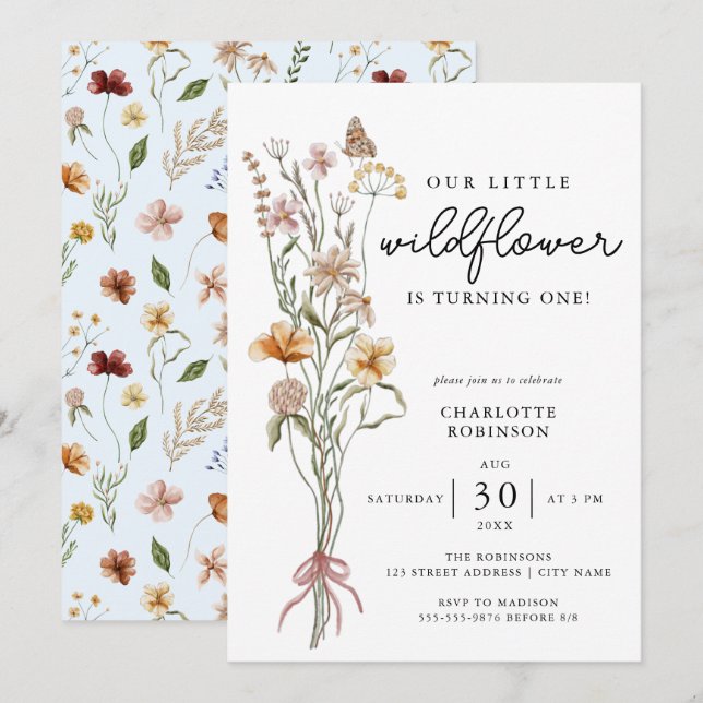 Wildblume Boho Sommer 1. Geburtstag Einladung (Vorne/Hinten)