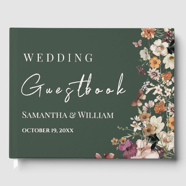 Wildblume Boho Wedding Royal Green Pastel Gästebuch (Vorderseite)