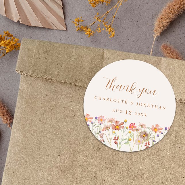 Wildblume Boho Wedding Runder Aufkleber (Boho fall Wildflower Wedding thank you favor stickers watercolor florals elegant script burnt orange)