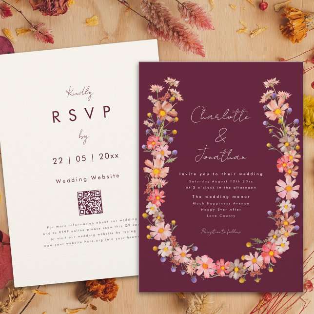 Wildblume Boho Wreath Burgundy Hochzeit im Herbst Einladung (Wildflower boho wreath romantic burgundy fall wedding invitation )