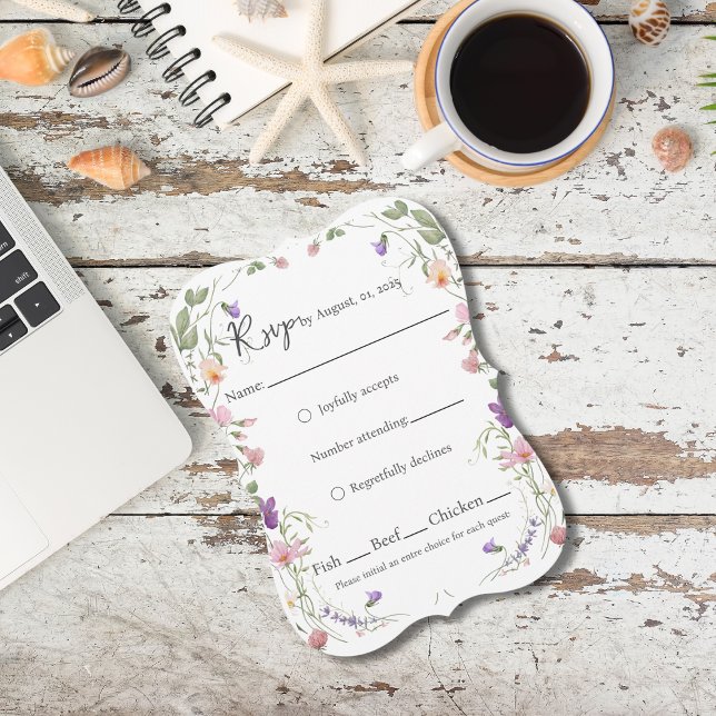 Wildblume Border Wedding RSVP Card (Soft blush and lavender wildflowers frame this romantic RSVP card, perfect for garden weddings.)