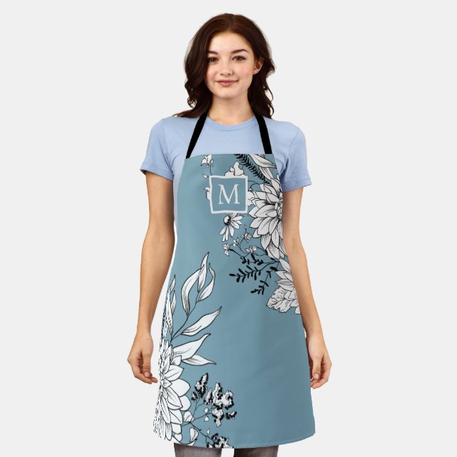 Wildblume Botanisches Monogramm Blau weiß Schürze (Getragen)