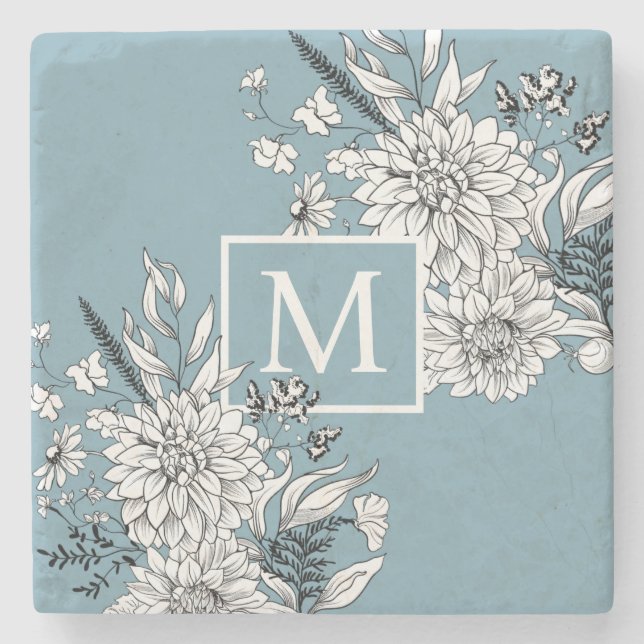 Wildblume Botanisches Monogramm Blau weiß Steinuntersetzer (Vorderseite)
