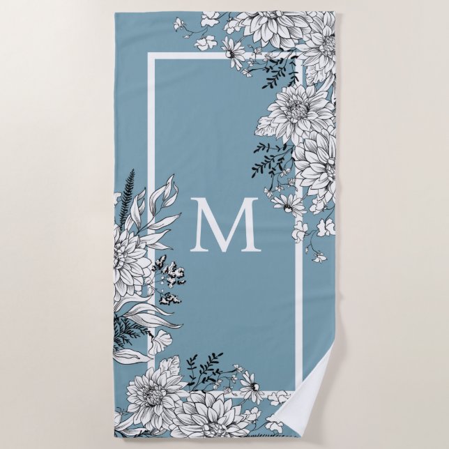 Wildblume Botanisches Monogramm Blau weiß Strandtuch (Vorderseite)