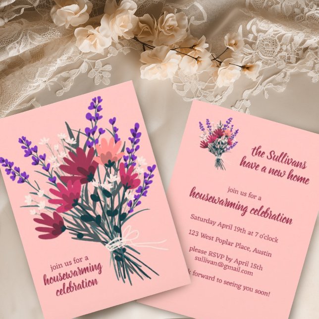 Wildblume Bouquet Niedlich New Zuhause Housewarmin Einladung (Sweet custom housewarming party invitations with hand made wildflower bouquet. Digital also availabl)
