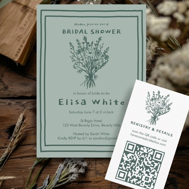 Wildblume Bouquet Rustic Whimsical Brautparty Einladung (Wildflower Bouquet Rustic Whimsical Custom Green Bridal Shower Invitation Sketch Cute )