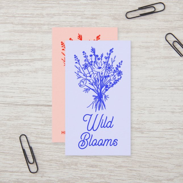 Wildblume Bouquet Rustikaler Minimal Blumenblau Ro Visitenkarte (Vorderseite/Rückseite Beispiel)