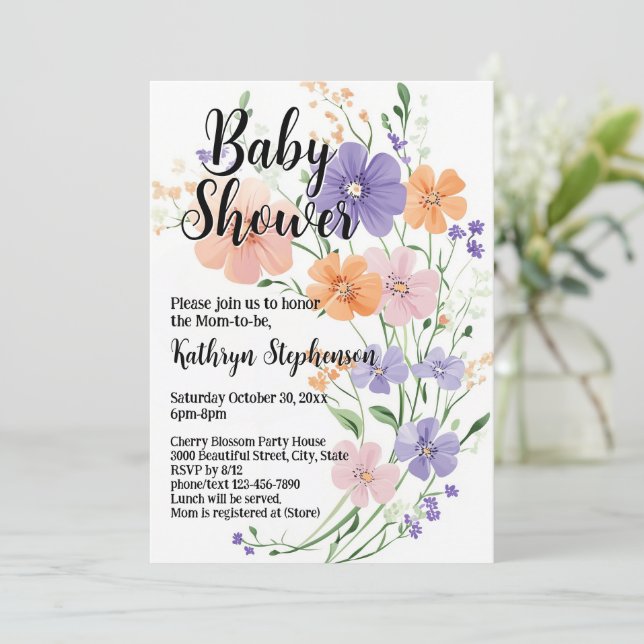 Wildblume Bouquet Spring Floral Girl Babydusche Einladung (Stehend Vorderseite)