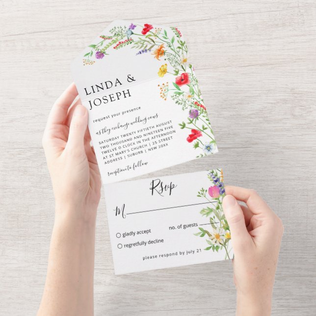 Wildblume Bouquet Wedding All in One Einladung (Abreißen)