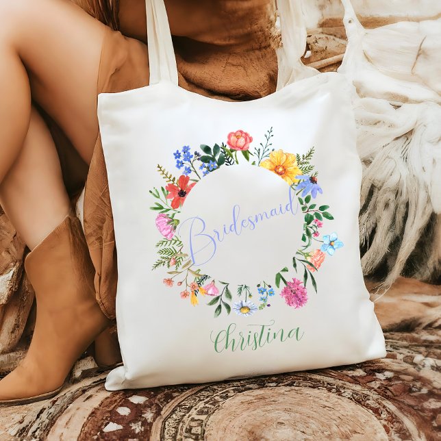 Wildblume Bridesmaid Script Wedding Tragetasche (Bridesmaid Wildflower boho watercolor floral custom name and color wedding tote gift)