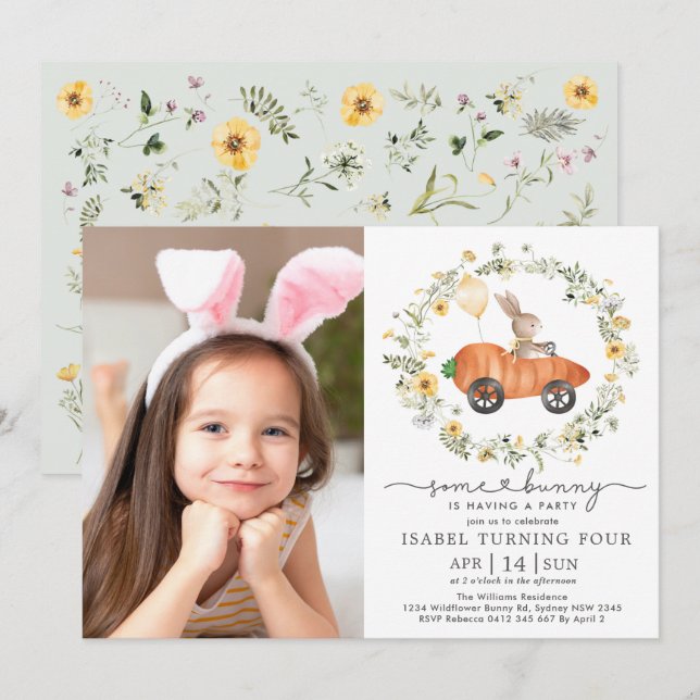 Wildblume Bunny Rabbit Ostergeburt Foto Einladung (Vorne/Hinten)