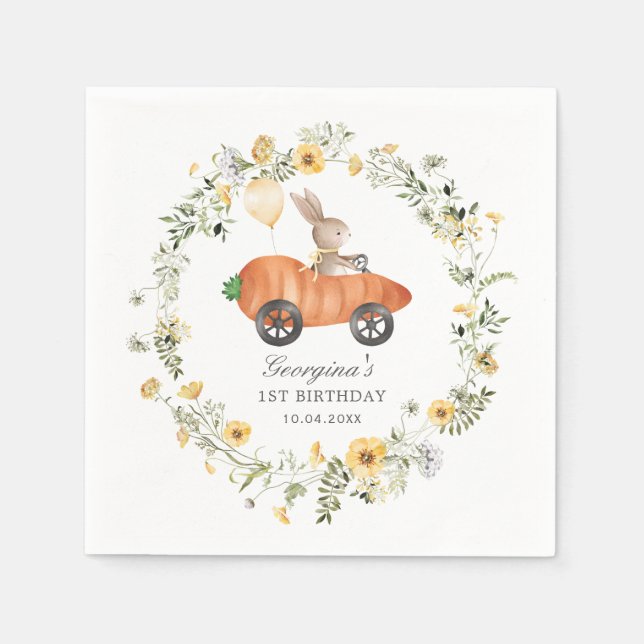 Wildblume Bunny Rabbit Riding Carrot Auto Party Serviette (Vorderseite)