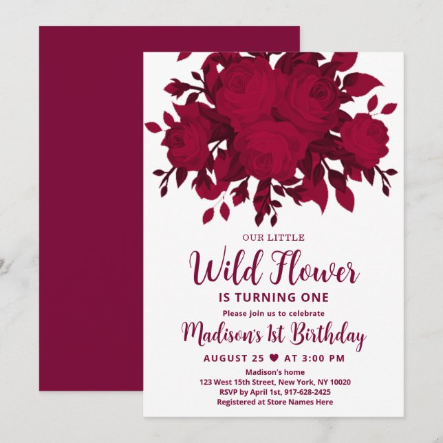 Wildblume Burgund Rot Blush Einladung Geburtstag (Vorne/Hinten)
