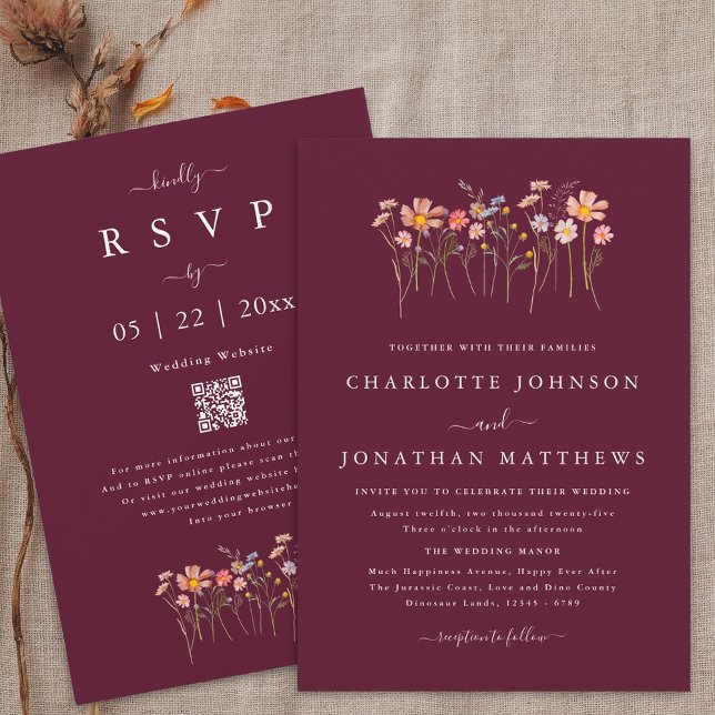 Wildblume Burgundy & Terracotta QR-Code Hochzeit Einladung (Simple Wildflower meadow burgundy terracotta qr code wedding invitation watercolor flowers elegant)
