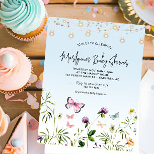 Wildblume Butterfly Blue Script Baby Dusche Einladung