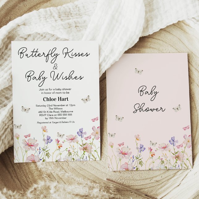 Wildblume Butterfly Kisses Baby Wish Baby Dusche Einladung (Editable Wildflowers Butterfly Kisses and Baby Wishes Baby Shower Invitation,  Baby Shower Invite)
