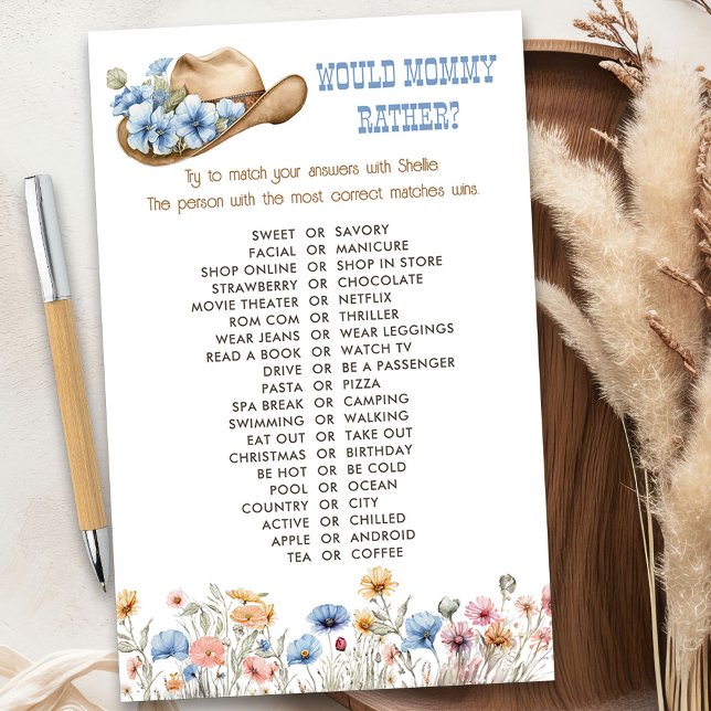 Wildblume Cowboy Mami eher Duschspiel (Would mommy rather game from the Boho Elephant Baby Shower Collection by Darling & May)