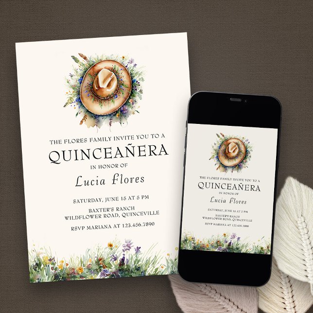 Wildblume Cowgirl Hat Rustic Elegance Quinceanera Einladung (Quinceanera Invitation from my Wildflower Cowgirl Hat Quinceanera Collection
)