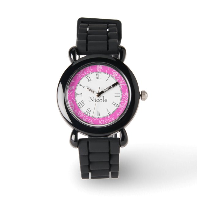 Wildblume Damaskus drucken rosa Armbanduhr (Vorderseite)