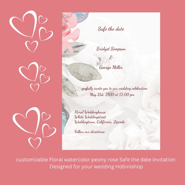 Wildblume der Blumenfarbe Rose Datum sicher Einladung (customizable Floral watercolor peony rose Safe the date invitation 
Designed for your wedding Hobini)