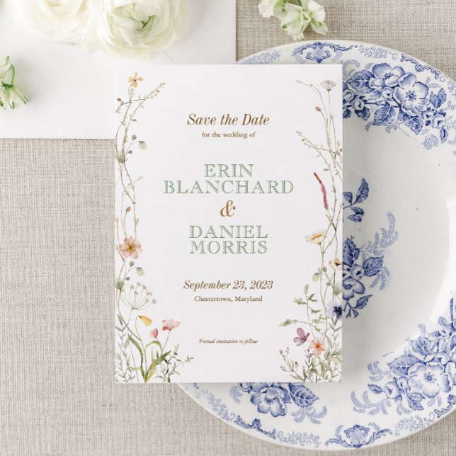 Wildblume der Wasserfarbe speichern Sie das Datum Einladung (Immerse your guests in the romance of nature with our Watercolor Wildflower Wedding Collection.)