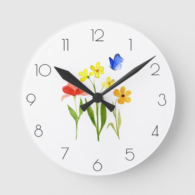 Wildblume der Wasserfarbenfeder Runde Wanduhr (Vorderseite)