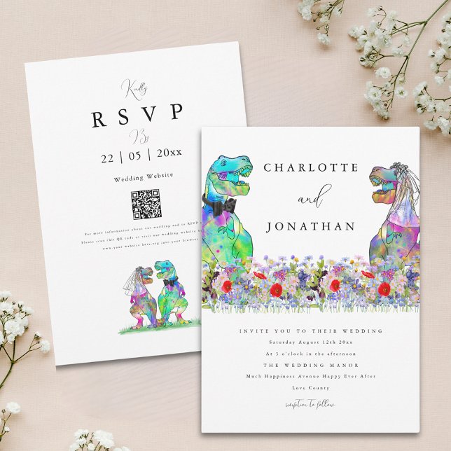 Wildblume Dinosaur Theme Wedding Einladung (Boho colorful wildflower dinosaur wedding invitation )