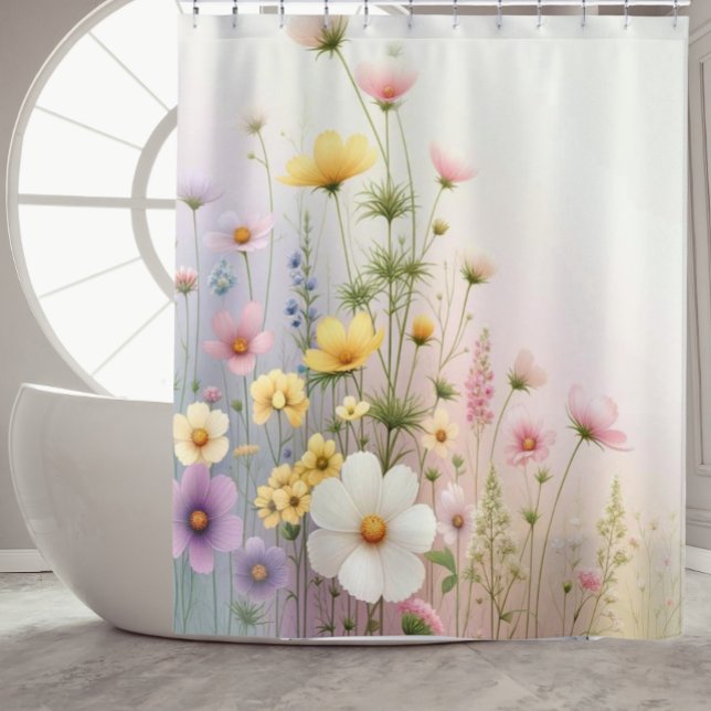 Wildblume Dusche Vorhang botanisches Badezimmer De (Pastel wildflower shower curtain with watercolor florals in pink, purple, yellow, and green tones.)