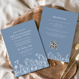 Wildblume Dusty Blue Botanical QR Code Hochzeit Einladung