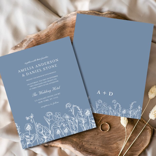 Wildblume Dusty Blue Monogram Wedding Einladung Flyer (Von Creator hochgeladen)