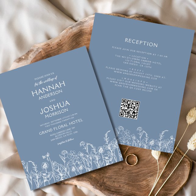 Wildblume Dusty Blue QR Code Hochzeit Einladung (Von Creator hochgeladen)