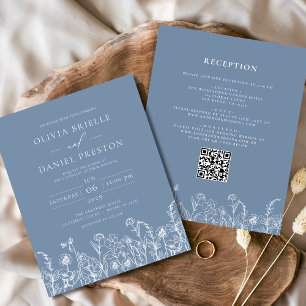Wildblume Dusty Blue QR Code Hochzeit Einladung Flyer